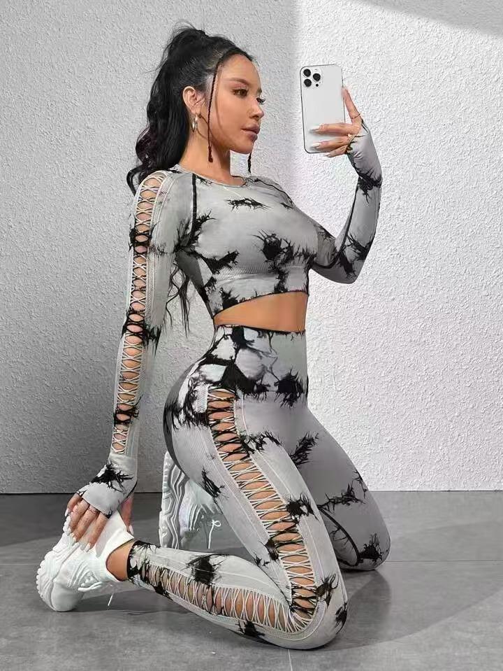 Cross-border Tie-dye Quick-dry High-waisted Yoga Set: Long Sleeve & Side Cut-out Pants