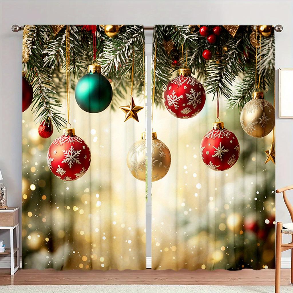 2pcs Luxurious Christmas Lights Print Curtains Set Semi-Sheer Polyester With Rod Pocket For Easy Hanging For Bedroom Living Room