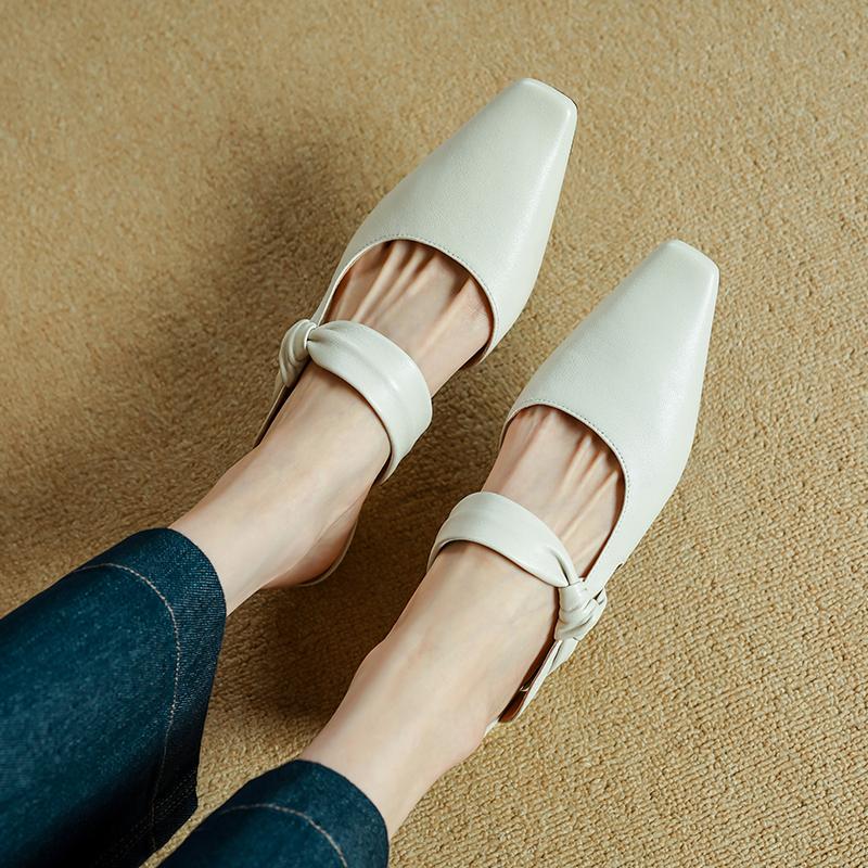 Fashion 2025 NEW Summer Women Mules Genuine Leather Women Shoes Square Toe Chunky Heel Cover Toe Slingback Sandals Modern Slippers