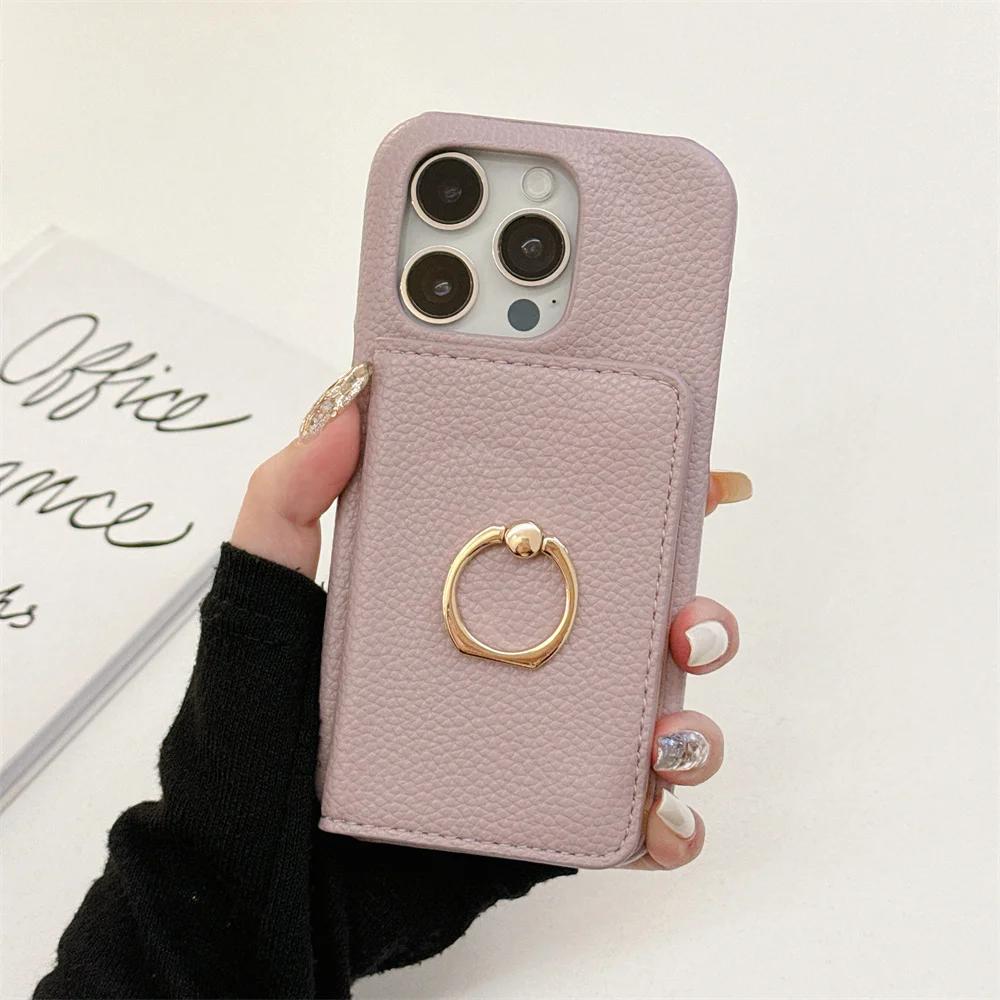 Ring with Card Holder Phone Case for IPhone 15 14 11 Pro Max 13 12 Mini XR XS X Max 8 7 Plus PU Leather Shockproof Shell Cover