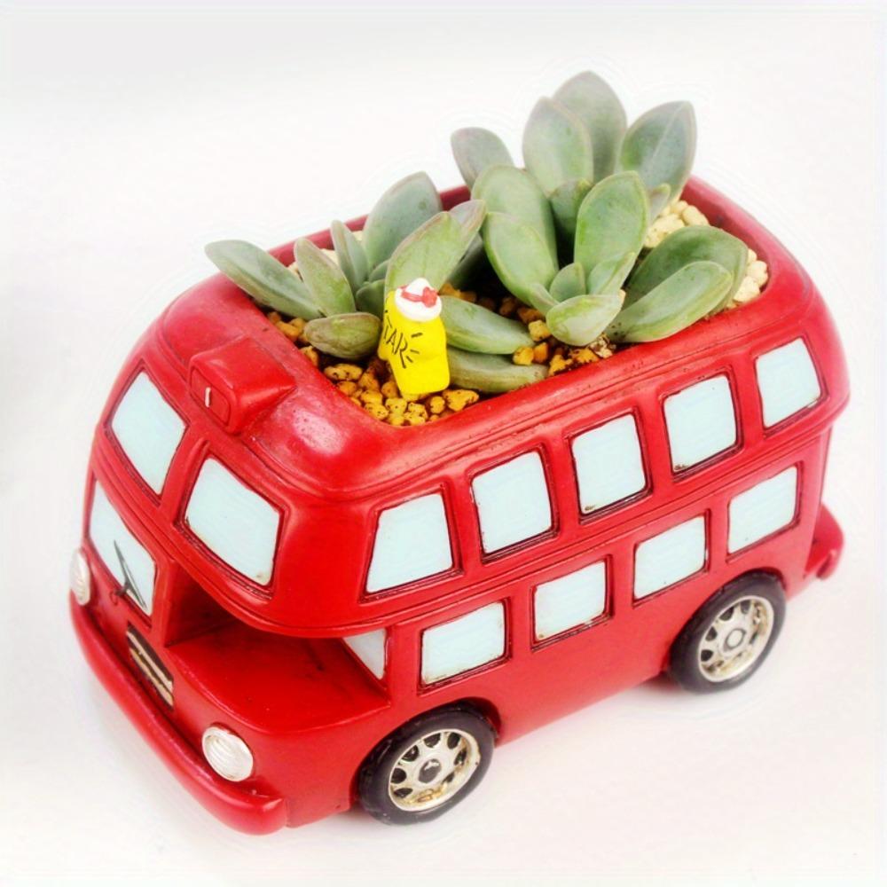 Vintage Double-Decker Bus Resin Planter for Succulents Gardens  Home Office Decor with Drainage Hole Creative Retro Red Planters