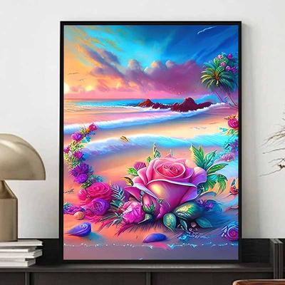 Nouvelle Arrivée 5D DIY Peinture Diamant Cercle Complet "Fleurs de Bord de Mer" Broderie Point de Croix Décoration Intérieure Cadeau