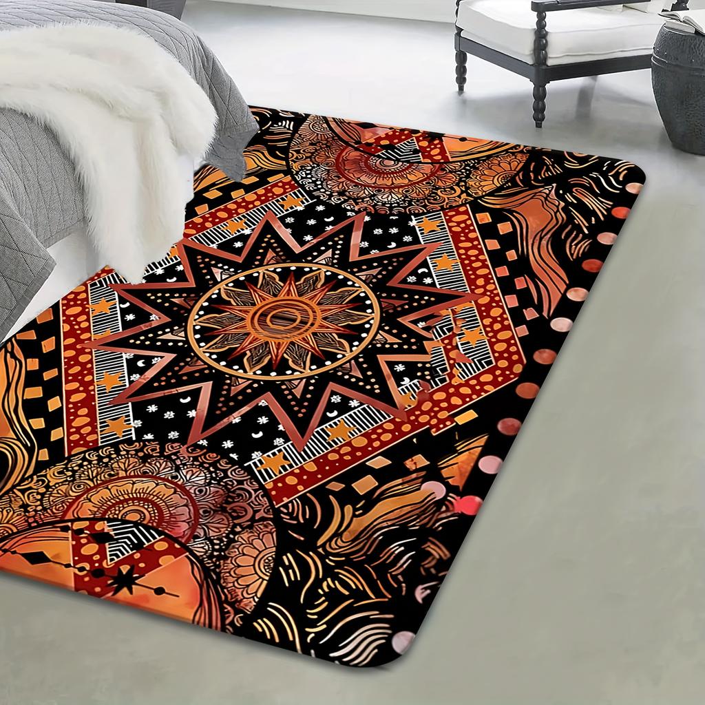 Ethnic Sun Mandala Print Flannel Area Rug Bohemian Style Floor Mat for Living Room Bedroom Home Decor Soft Non Slip