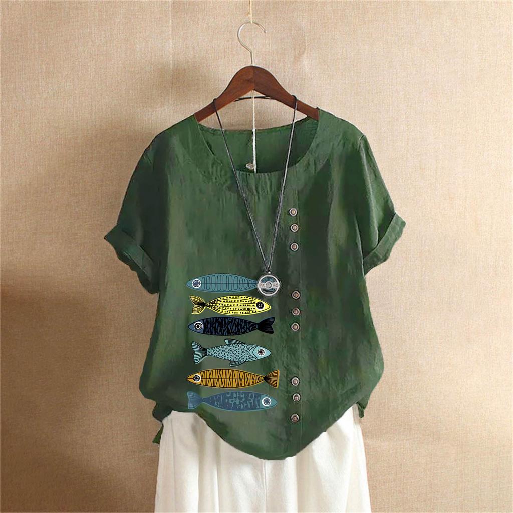 Sommer Übergröße Baumwolle und Leinen Kurzarm T-Shirt, Baumwolle und Leinen Bedruckte Übergröße Damenbekleidung