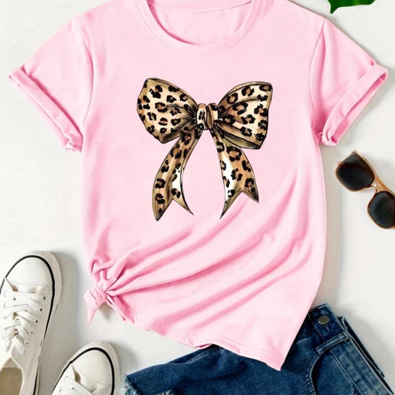 Summer New  Leopard Print Bow Short Sleeve Print Clothing Women's T-Shirt Harajuku Graphic Clothing Women's Top Tee
