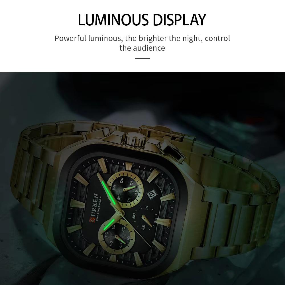 Mens Square Chronograph Watches Stainless Steel Wrist Watch with Date Luminous Hands Waterproof