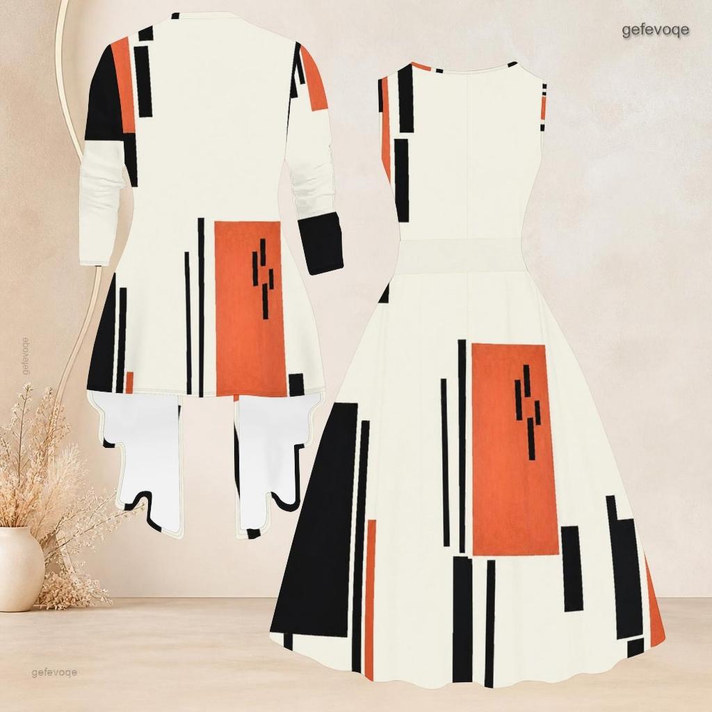 Women Plus Size Geometric Printed Two Piece Set Sleeveless Tie Waist Flared Dress 3 4 Sleeve Open Cardigan