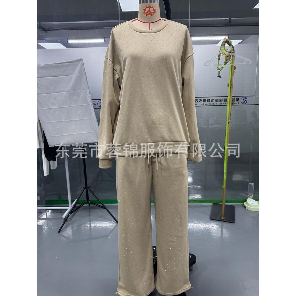 Women's Solid Color Full Body Hot Diamond Casual Round Neck Long Sleeve Sweatshirt with Drawstring Legs 2-piece Set