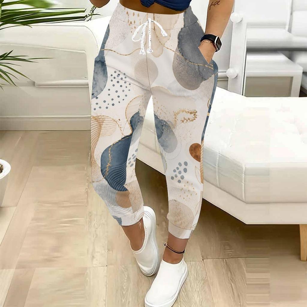Women Plus Size Abstract Printed Jogger Pants Drawstring Waist Side Pockets Cuffed Ankle