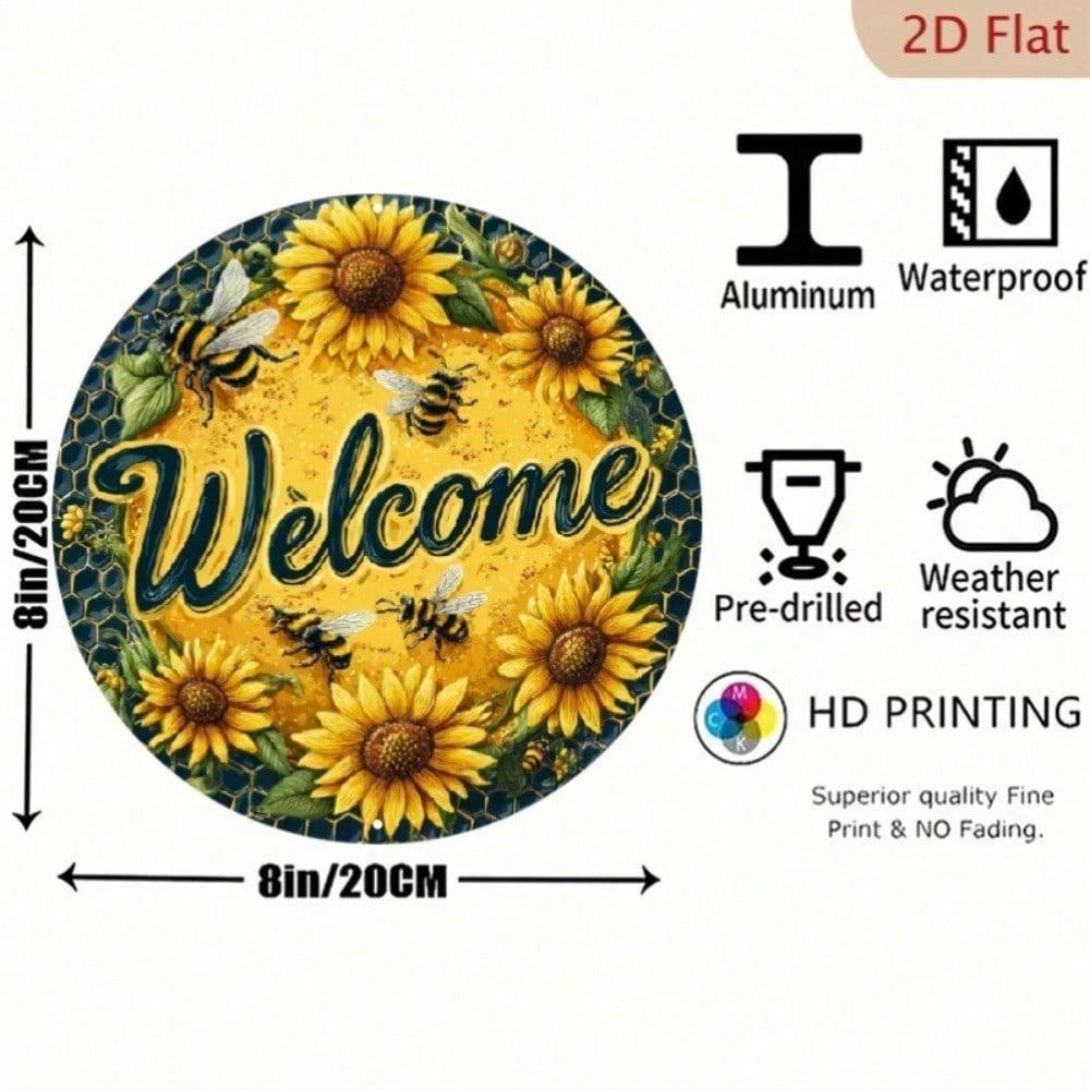 1pc Vintage Metal Welcome Wreath Sign with Bees & Sunflowers, 20cm Round Wall Decor, UV Scratch Resistant