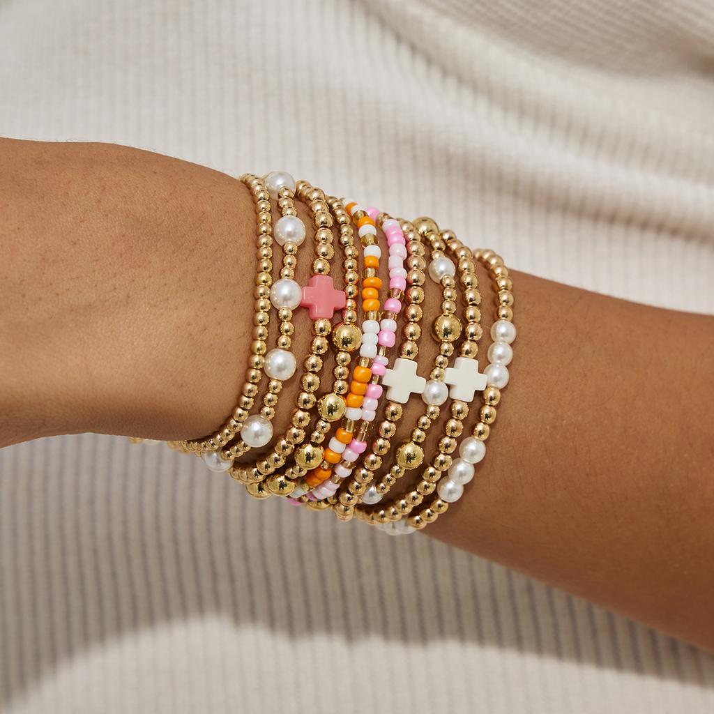 Ingemark 7 Styles Goth Acrylic Imitation Pearl Elastic Chain Bracelets for Women Boho Stacked Strand Beads Bangle Couple Jewelry