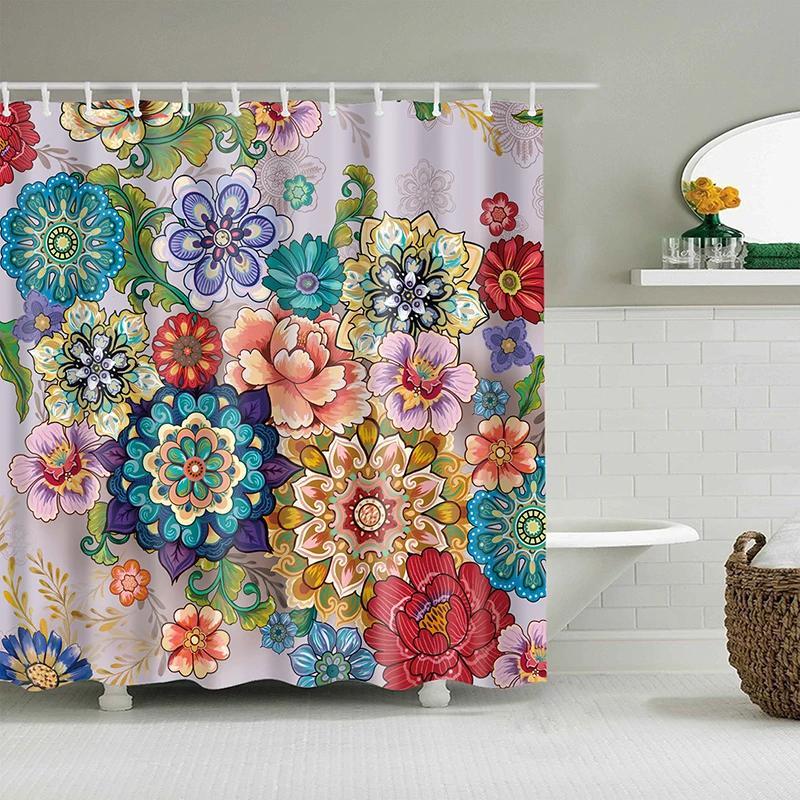 Watercolor Flower Shower Curtain, Vintage Plum Blossom Tropical Plant Green Leaf Bird Elegance, Bathroom Decor Set With Hooks