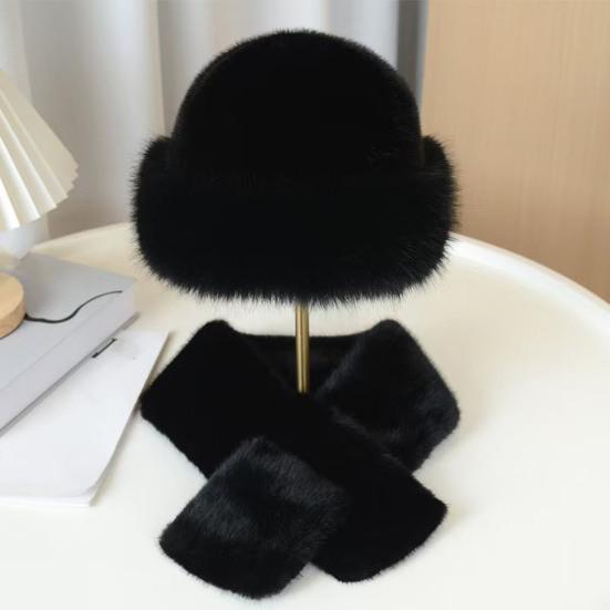 Winter Fuzzy Hat Scarf Set for Women Faux Fur Collar Wrap Scarf Thickened Plush Warm Cap for Cold Weather
