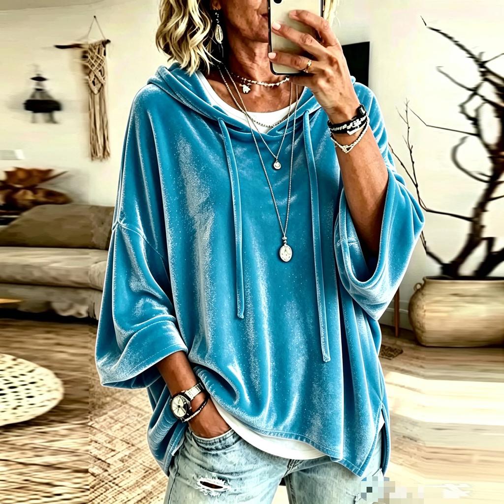 Women's Casual Velvet Hooded Top with Three-Quarter Sleeves Color