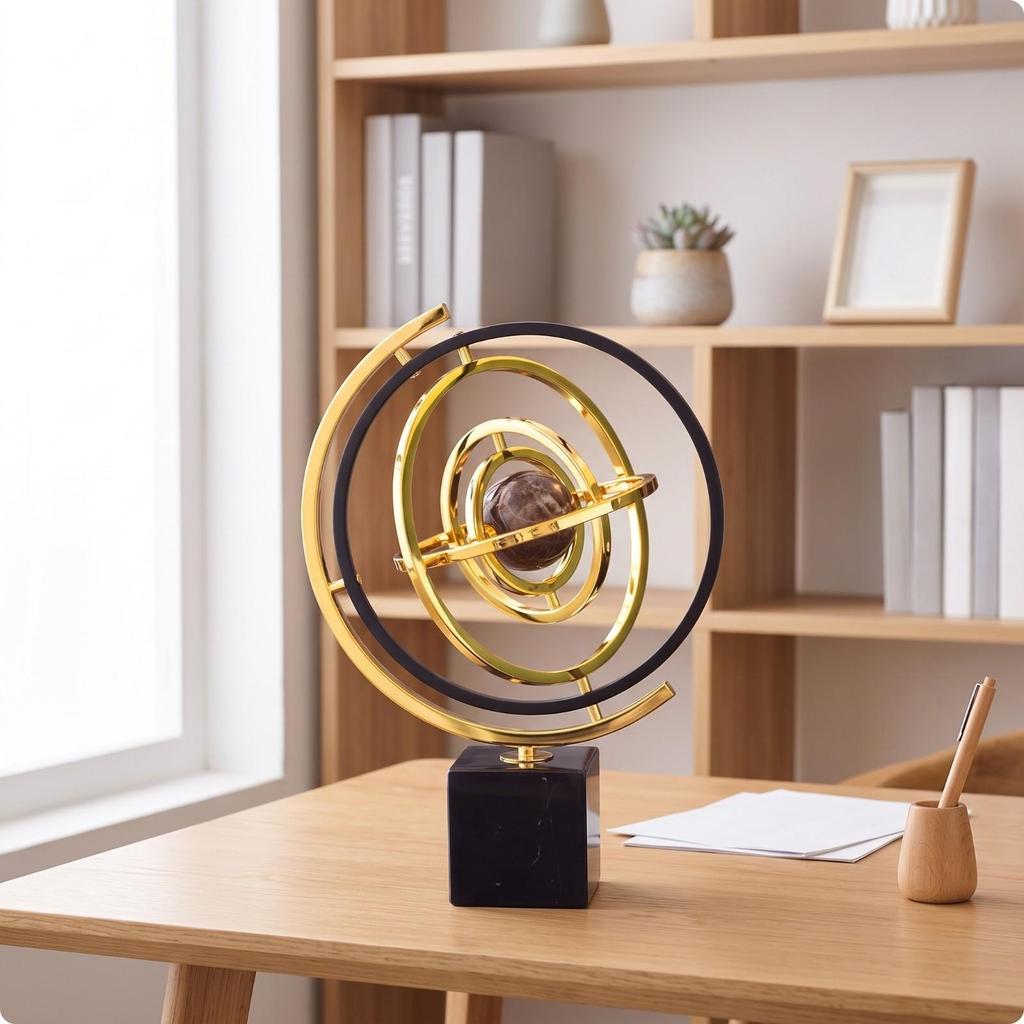 Modern-Luxury Globe Ornament with Marble Base Elegant Rotating Orbital