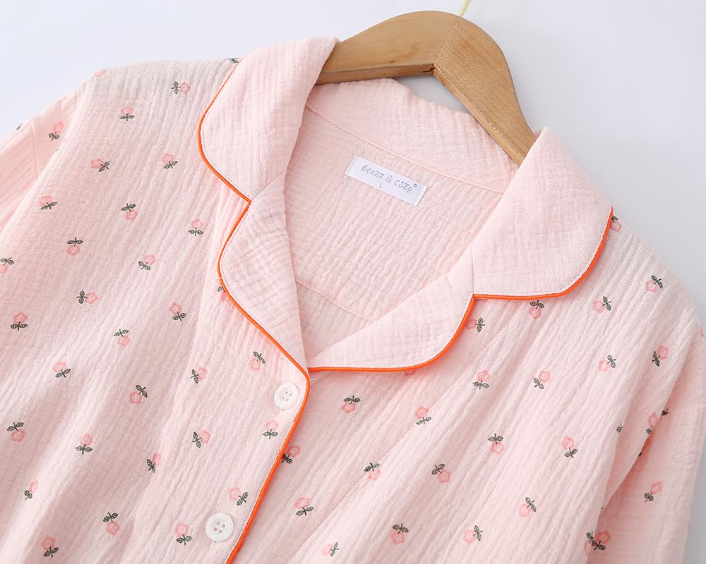 Solid Color Soft Comfortable To the Long Sleeve Top and Cute Loungewear Short Sleeve Floral Women's Pajamas, 100% Cotton, Double-Layered Gauze, Touch,