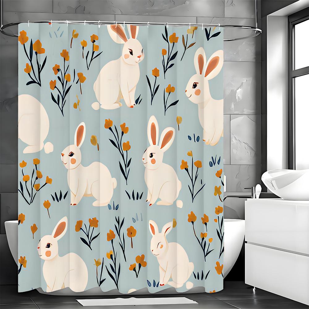 Blue Cute Bunny Shower Curtain Fun Bunny Flower Shower Curtain for Kids Adults Suitable Bathroom Decoration Shower Curtain Easte