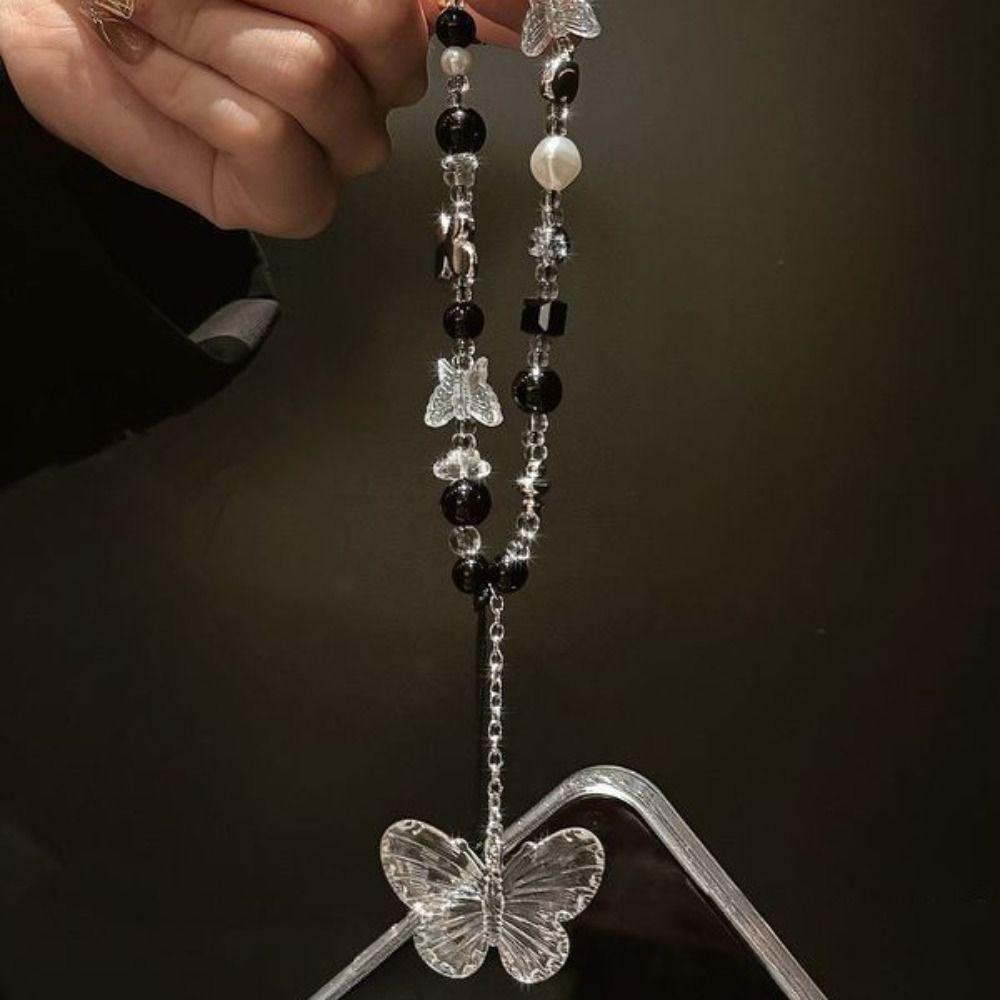 Y2K Clear Bead Phone Strap Fashion Bowknot Wrist Short Rope Phone Lanyard  Phone Bag Accessories