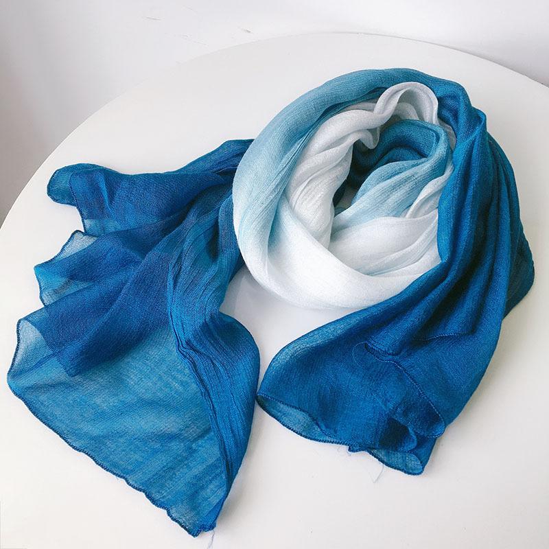 Spring And Autumn Thin Hanging Dye Gradual Change Blue Scarf Plant Dyeing Blue Dye Silk Scarf Women'S Fashion Versatile Literary Shawl