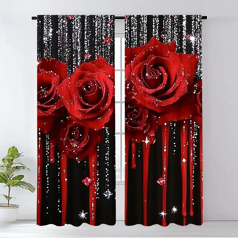 Black curtains with vibrant red roses and shiny star prints, bedroom and living room, home decoration, room decoration