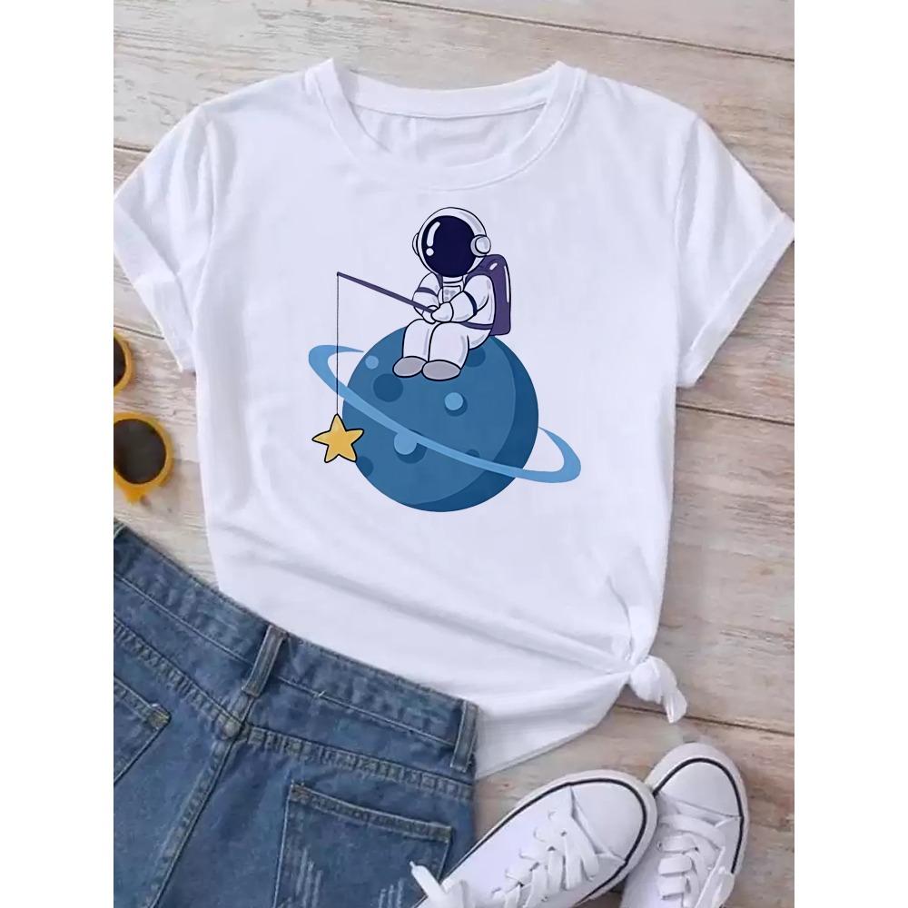 Maycaur T-shirt Dames Maan Planeet Print Mode T-shirts Casual Ronde Hals Korte Mouw Streetwear Dames T-shirt Vintage Tops