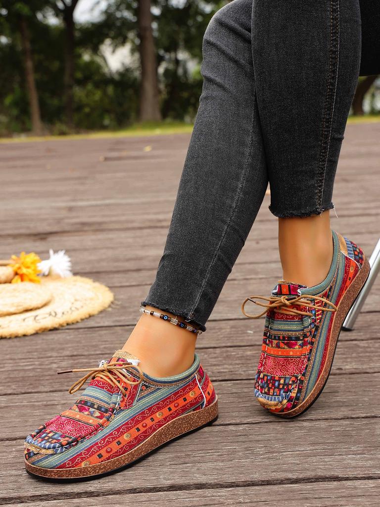Plus-size Ethnic Style Casual Single Shoes Women's Colorful Lace-up Graffiti Low-top Wood Grain Platform Shoes