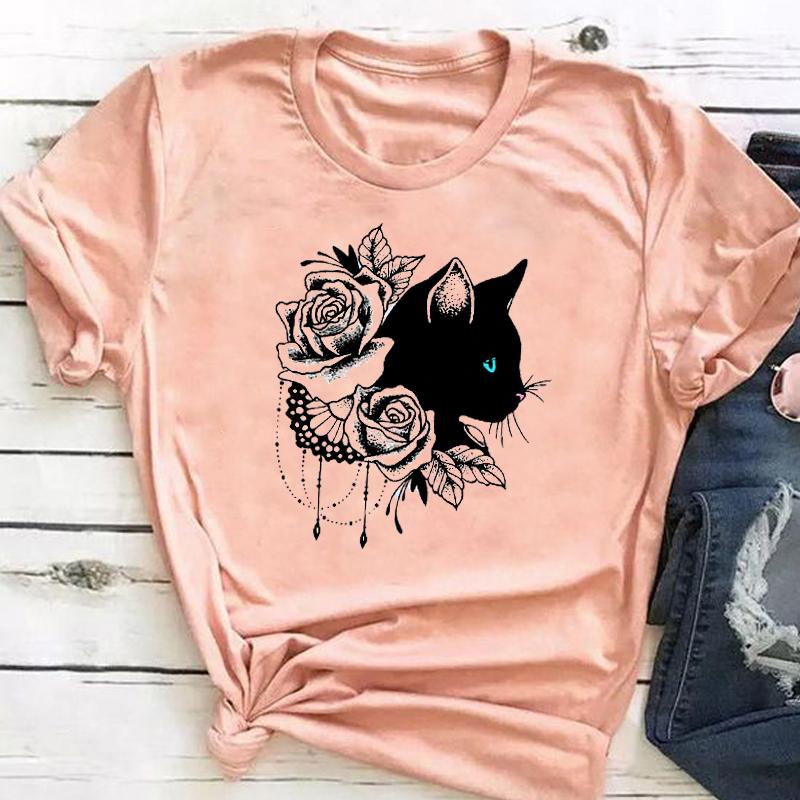 (Asian Size) Graphic Tee Women's Cat Books Love Sweet Trend Fashion Casual Print Short Sleeve Summer Top Ladies Female T Clothing T-shirt