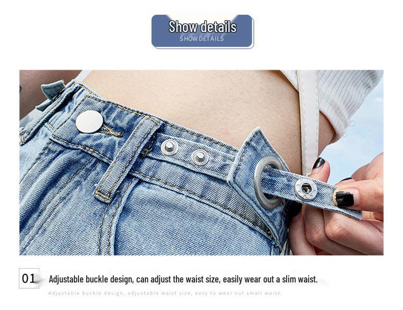 High-Waist Adjustable Straight Leg Jeans - Women's Korean Style Loose Slimming Wide-Leg Floor-Length Dad Jeans