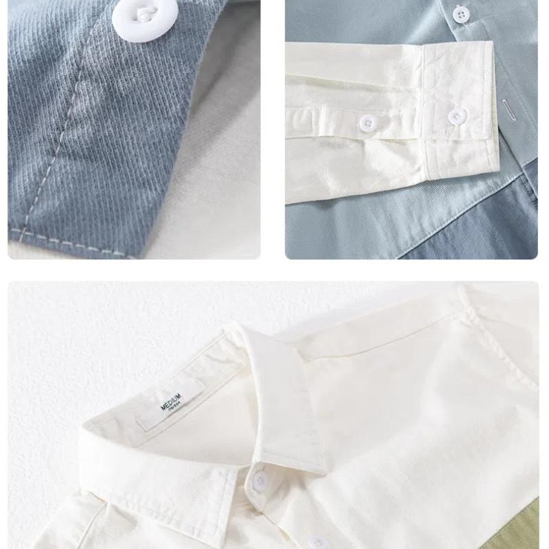 Korean Style Long Sleeve Men Shirt Lapel Collar Stitching Design Shirts Youth Pure Cotton Casual Shirt Comfortabl Men Tops Slim Fit