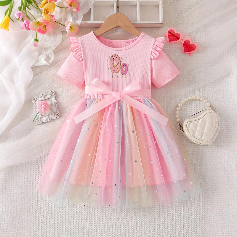 Girls Star Tulle DressCartoon Donut PrintCute Princess Party Dress with Bow, Short Sleeve Summer Dress for Little Girls