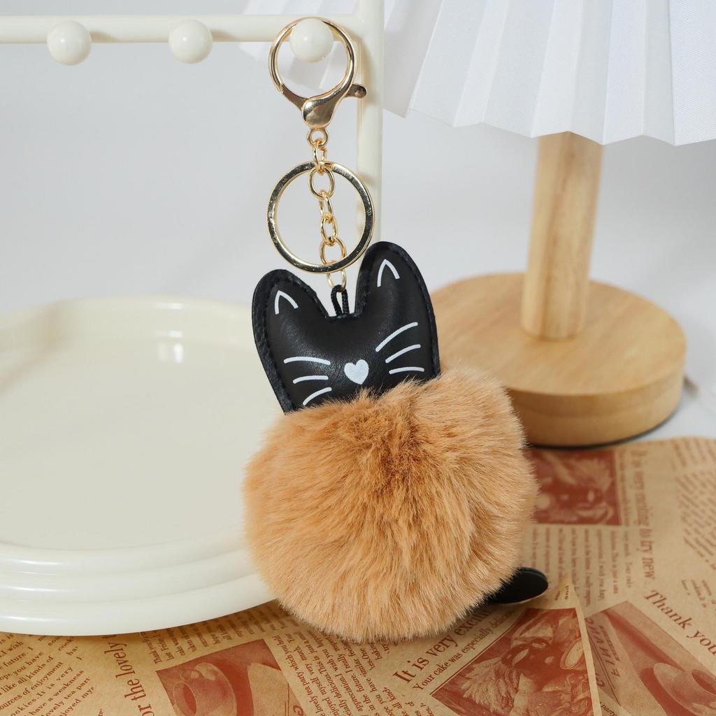Adorable Black Cat Keychain with Faux Fur Ball Pendant