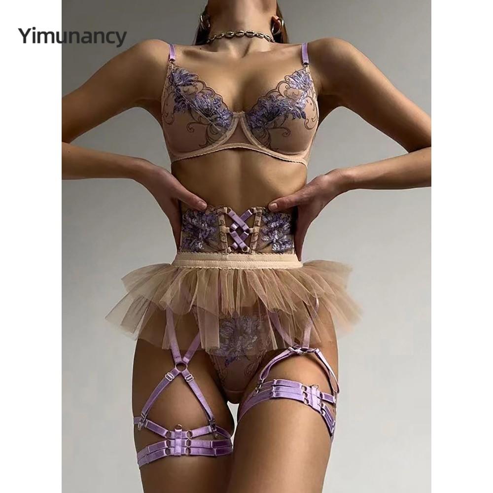 Yimunancy Embroidery Lingerie Set Women Transparent Sheer Erotic Sexy Bra + Brief Underwear Set Ball Gown Garter Kit