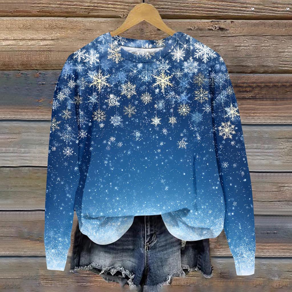 Women's Casual Long Sleeve Crewneck Sweatshirt with Christmas Print for Holiday