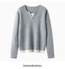 Dual-Layer Women's Color Block Cashmere Knit Base Layer - Round Neck Loose Fit Wool Top