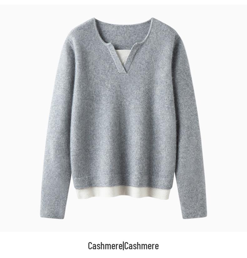 Dual-Layer Women's Color Block Cashmere Knit Base Layer - Round Neck Loose Fit Wool Top