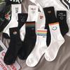 Black Cartoon Korean Women's Mid-Tube Socks - Autumn/Winter Trendy Sports Style, Versatile All-Match White Socks, Popular Among Students.