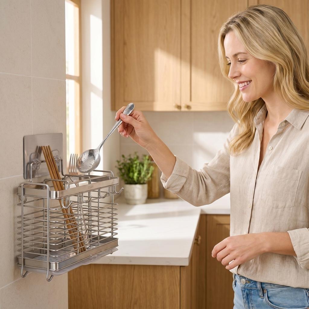 Stainless Steel Flat Steel Chopsticks Holder with Hooks Kitchen Draining Rack Wall Mounted No Drilling Storage Organizer for Countertop