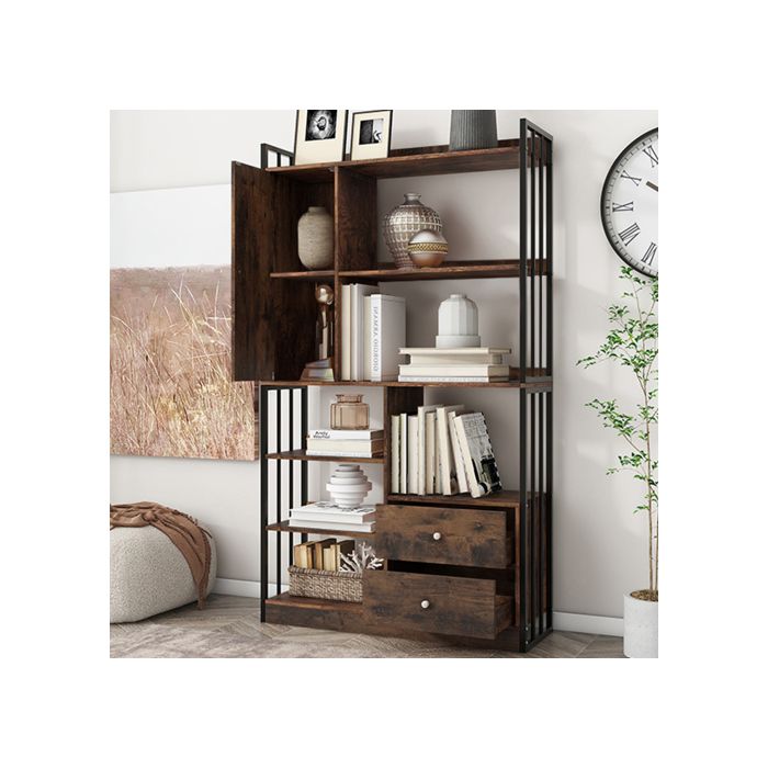 Bookshelf - MUVOE - 6 Shelves - Antique Brown - Drawers and Doors - Industrial Vintage Style