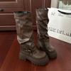 Retro British Style Thick Heel Platform Boots Women's 2025 Autumn and Winter New Simple and Versatile Height-increasing Fashion Knight Boots