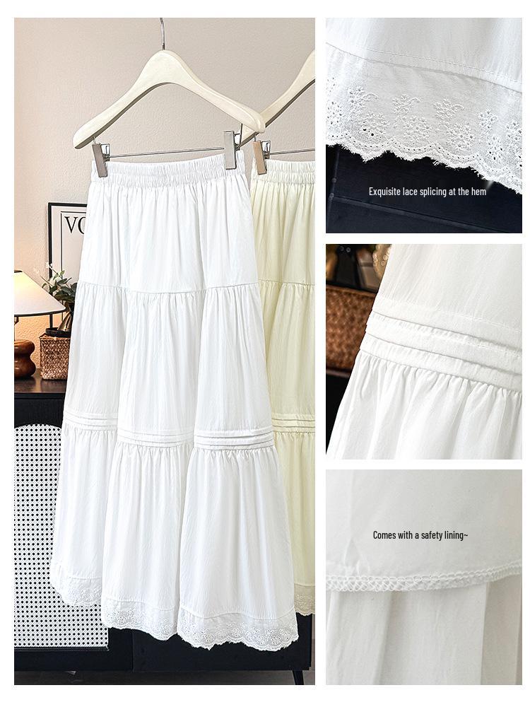 2026 Summer Women's White A-Line Lace Trim Flared Long Skirt with High Waist and Pleats
