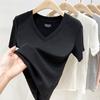 Fashion V-neck Front Shoulder T-shirt Short-sleeved Women's Slim and Thin Summer Sexy Waist Pinching Machine, Waist and Thin Tops Are Trendy