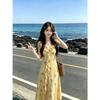 Yellow ruffle leaf edge floral suspender dress women's side vacation French super fairy backless beach fishtail dress