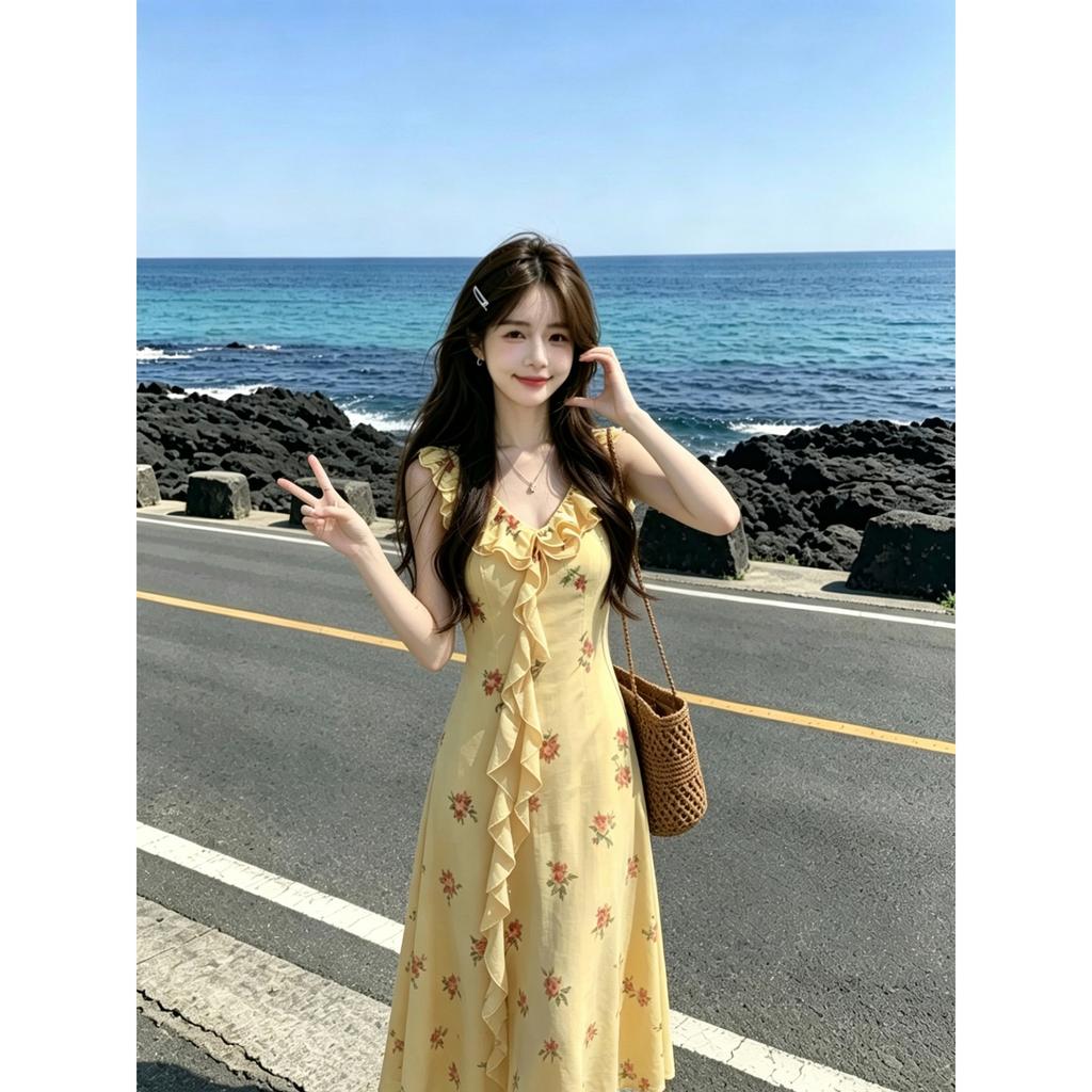 Yellow ruffle leaf edge floral suspender dress women's side vacation French super fairy backless beach fishtail dress