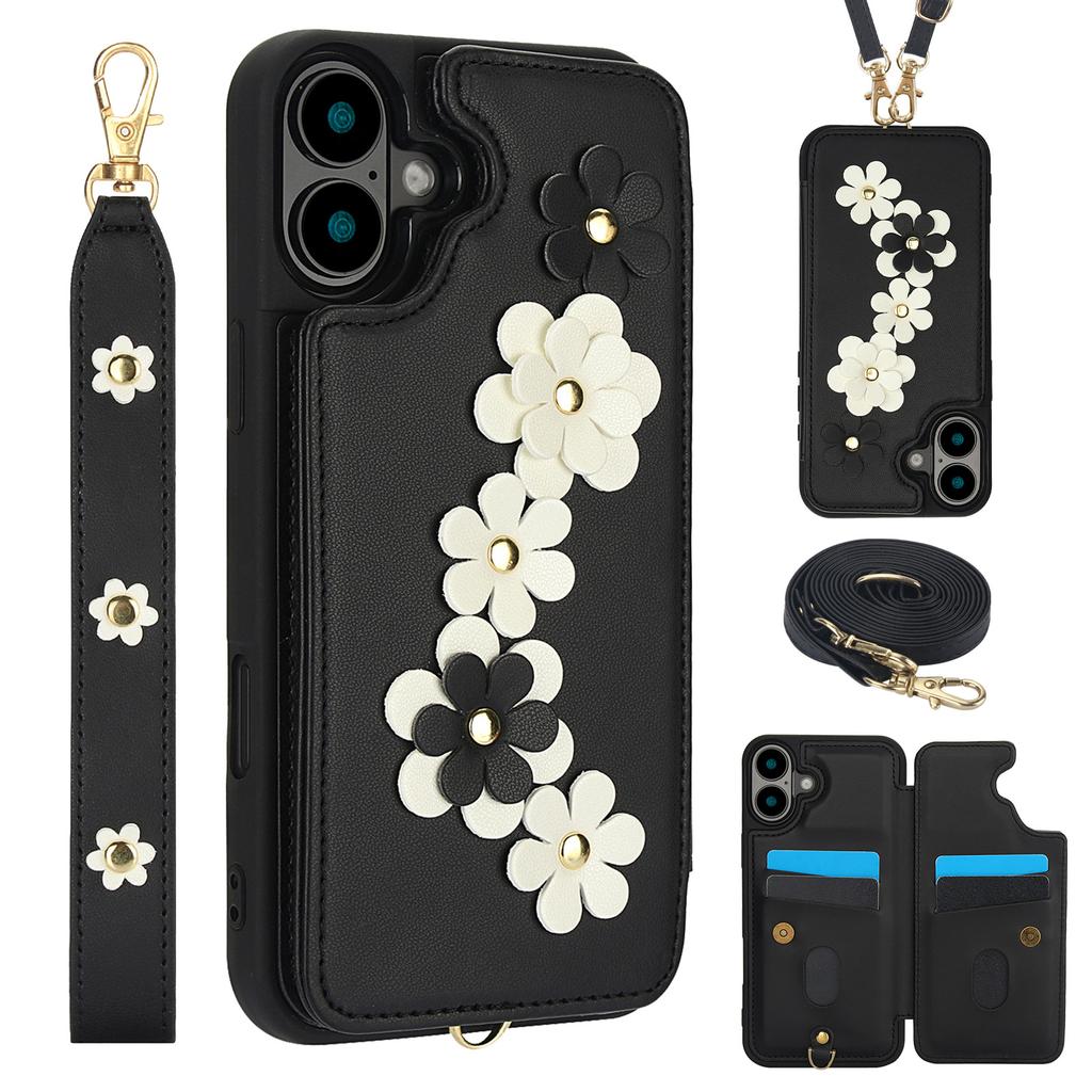 Applicable to iPhone16E multi-function mobile phone case 17Pro flower card holder anti-drop diagonal span rope portable rope