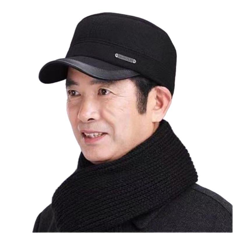 

Мужская шерстяная кепка с кожаным козырьком и защитой ушей — теплая, плотная хлопковая шапка для людей среднего и пожилого возраста (Осень зима). adjustable чёрный