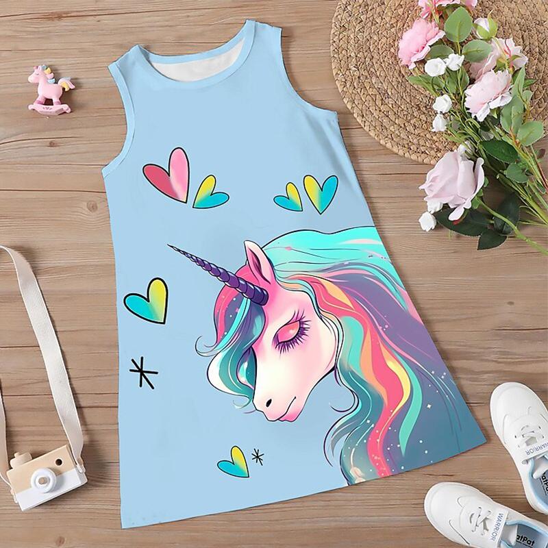 Girls' Dress Sleeveless 3D Pink Steed Print Summer Spring Daily Cute Casual Sweet Kids A Line Dress Tank Dress Sleeping Good Night Dress