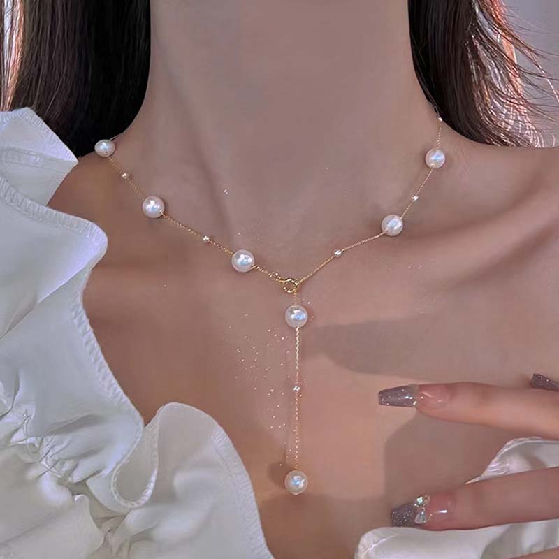 

Vintage White Imitation Pearl Tassel Necklace For Women Punk Metal Irregular Long Chain Necklace Wedding Zircon Gifts