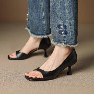 Women's Elegant Open Toes Square Head Slim Heel Sandals  Summer New Style Fashion Comfortable Breathable Slip On Cool Pumps