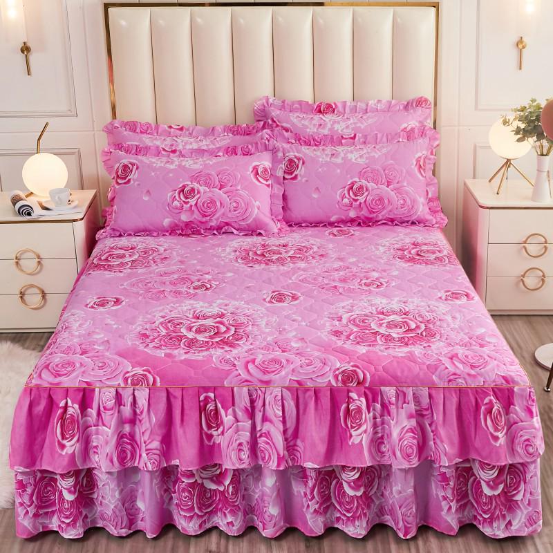 Fustă de pat prințesă matlasată cu dantelă în stil coreean – Cuvertură de pat groasă, din mătase periată, rezistentă la praf