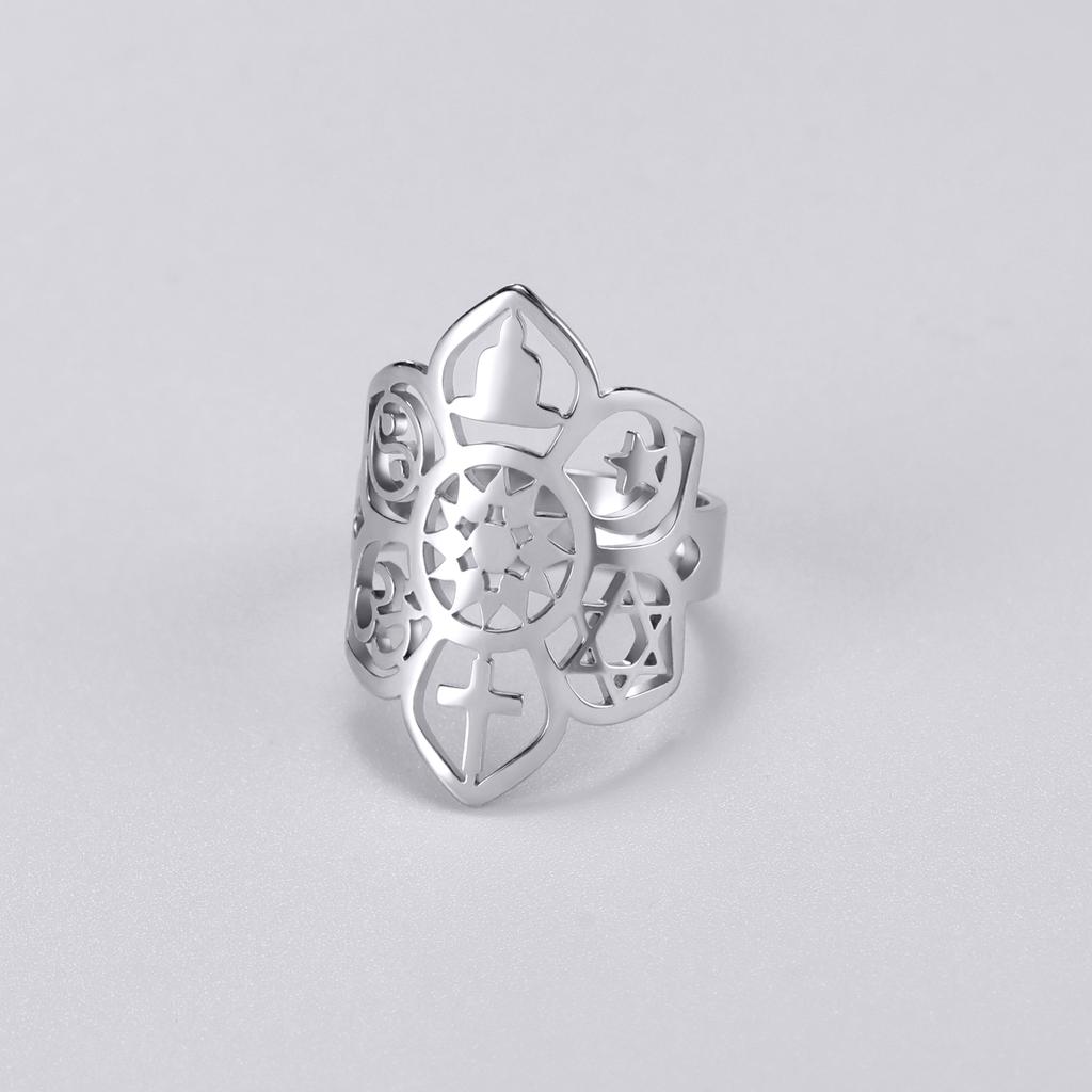 LIKGREAT Stainless Steel Lotus Flower Ring Moon Star Yoga Cross Star of David YinYang Symbol Rings Spiritual Amulet Jewelry